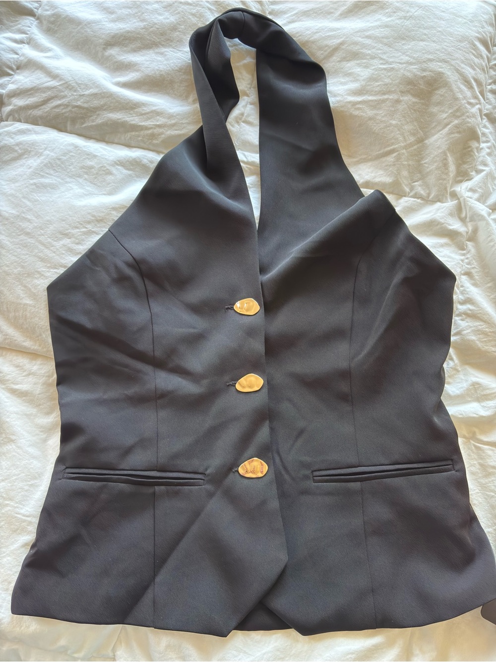 Black Halter-Style Vest with Gold Accent Buttons